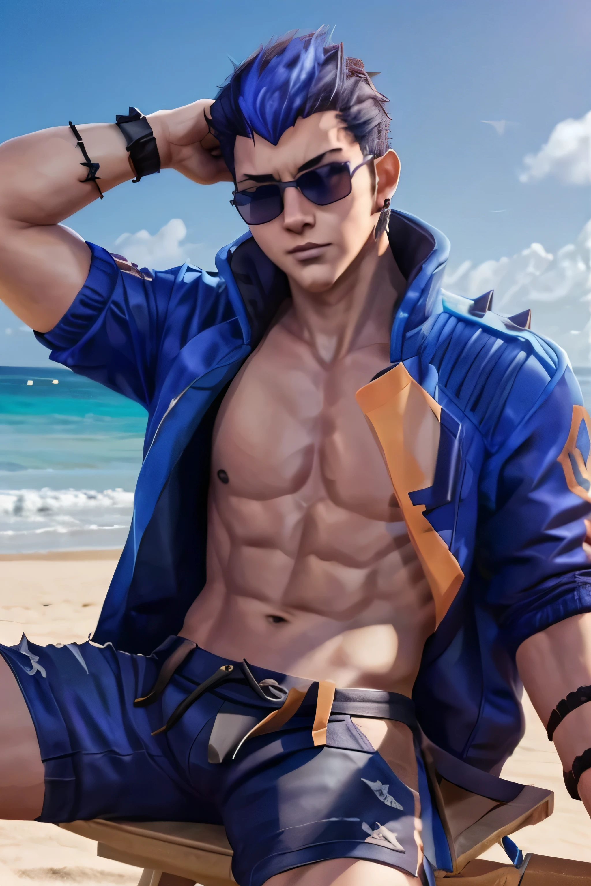 yoru valorant, spiky hair, shirtless, fully shirtless, blue shorts, wearing sunglasses, beach background, sitting, hands behind head