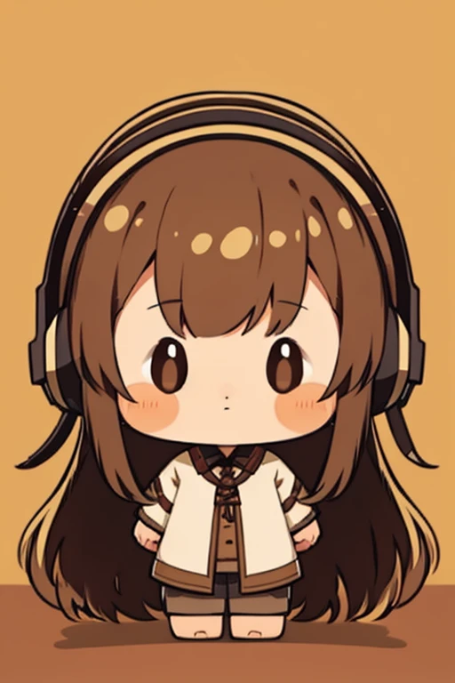 A girl, brown hair, long hair, brown eyes, big and bright, headset, cute, slightly blushing,