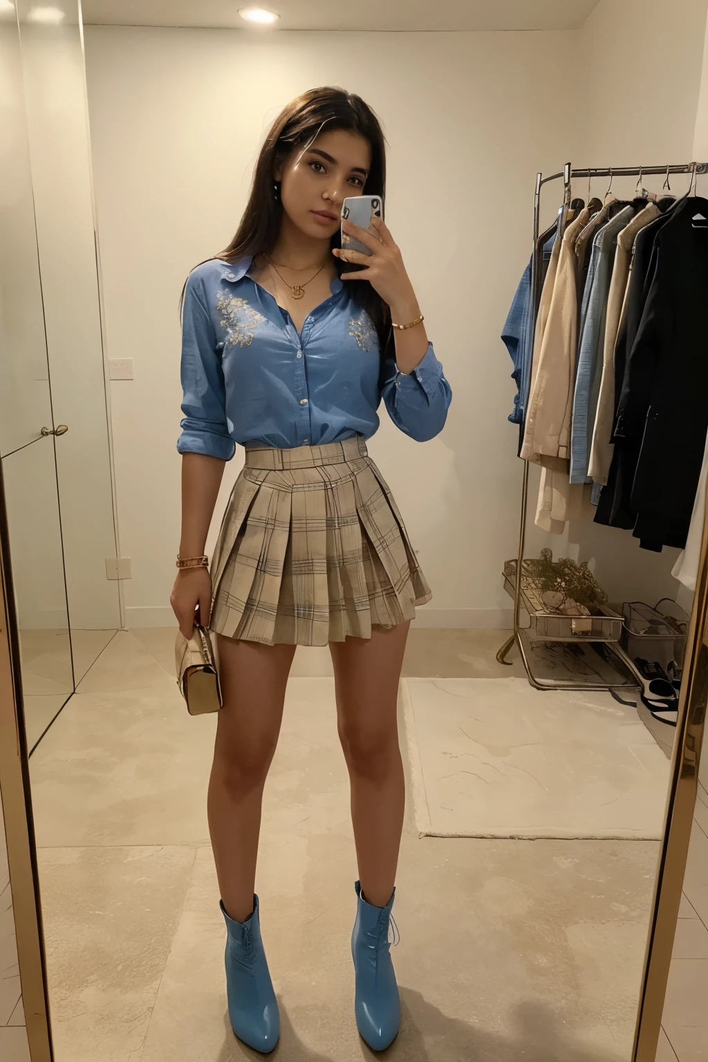 ((best quality)), ((masterpiece)), (detailed), perfect face, an 18 year old girl taking a selfie in the mirror, ((full body)), ((full length view)). Shes wearing an extremely short flowery blue pleated skirt, completely ((unbuttoned)) blue shirt and stiletto ankle boots. She is of indian descent. Add lots of jewelry, including a large gold necklace and nose piercing. She is obviously for sale herself,.
