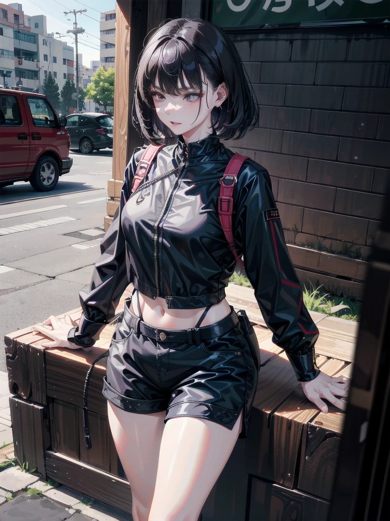 big katana, Black military uniform, Ladies' military vests, whole body, absurdres, RAW photo, extremely delicate and beautiful, masterpiece, Best Quality, ultra high resolution, 32k, hyperrealistic, ultra-detailed, tearful mole, earring, short medium hair, wavy hair, urban backdrop, shorts, midriff,
