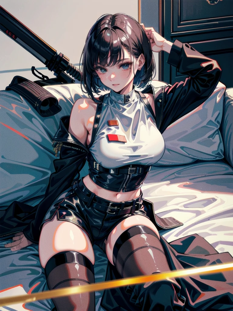 big katana, Black military uniform, Ladies' military vests, whole body, absurdres, RAW photo, extremely delicate and beautiful, masterpiece, Best Quality, ultra high resolution, 32k, hyperrealistic, ultra-detailed, tearful mole, earring, short medium hair, wavy hair, urban backdrop, shorts, midriff,