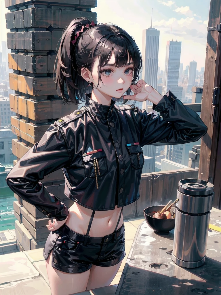 big katana, Black military uniform, Ladies' military vests, whole body, absurdres, RAW photo, extremely delicate and beautiful, masterpiece, Best Quality, ultra high resolution, 32k, hyperrealistic, ultra-detailed, tearful mole, earring, short medium hair, wavy hair, urban backdrop, shorts, midriff, 