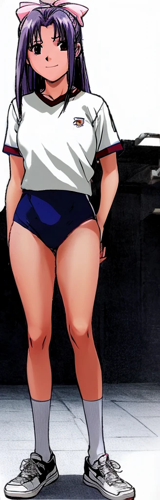 Momoko Koigakubo, a tall girl with beautiful legs, is standing with her legs apart and a smile on her face in a white gym uniform and light-colored navy blue bloomers that look like panties.。Mouth open。