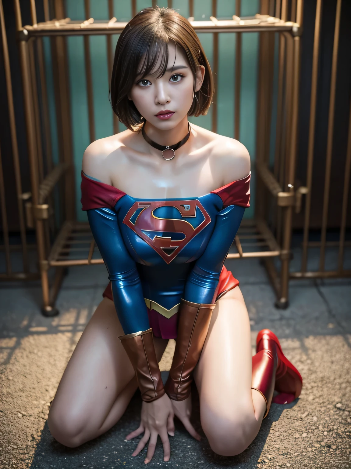 masterpiece、Supergirl Costume、short hair、barefoot、Big and ample breasts、Crisis situation、Complete surrender、camp、In a cage、Abused、Kneel、Sweaty、Shiny、looking at the camera、Rusted chains、choker、Long sleeve、Sexy poses to seduce、Poor environment、Humiliating、Off the shoulder、latex、