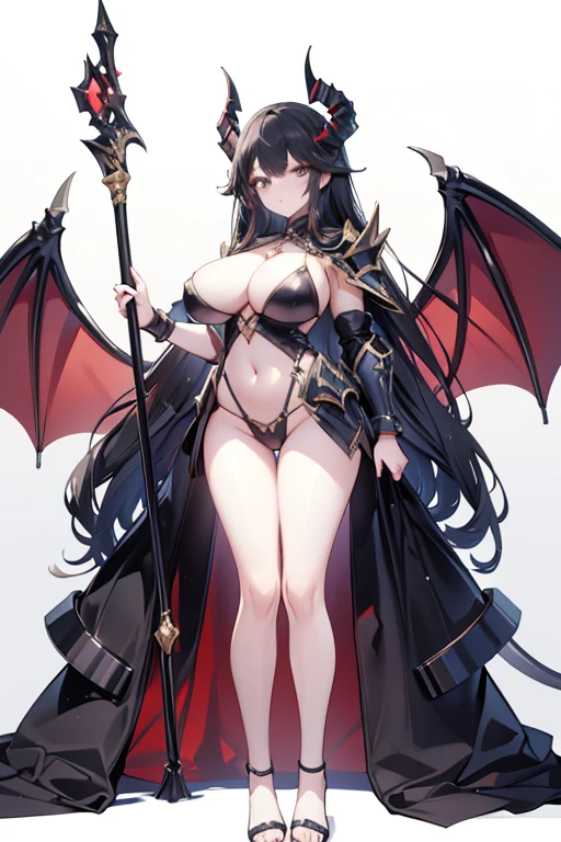 masterpiece, highest quality,Bikini Armor,tall, Large-breasted women,Devil horns,wing,tail,,no background, flat chest,Full body illustration, Long black hair, Full body portrait, anime ,standing