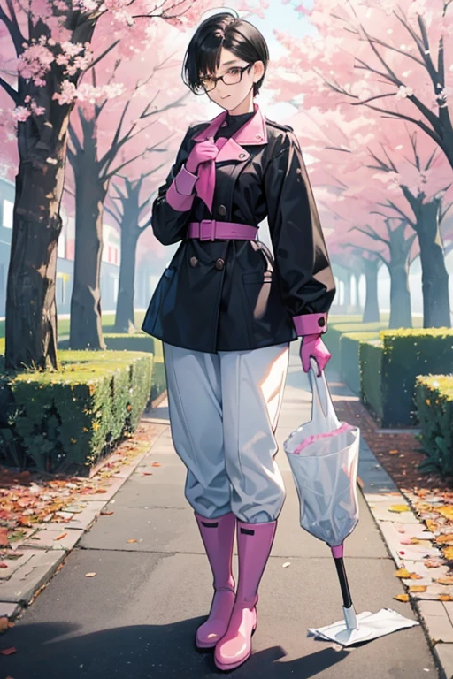 A mature woman with short hair, black hair, glasses and blue long sleeves wearing pink long rubber gloves and white rubber boots cleaning up a park