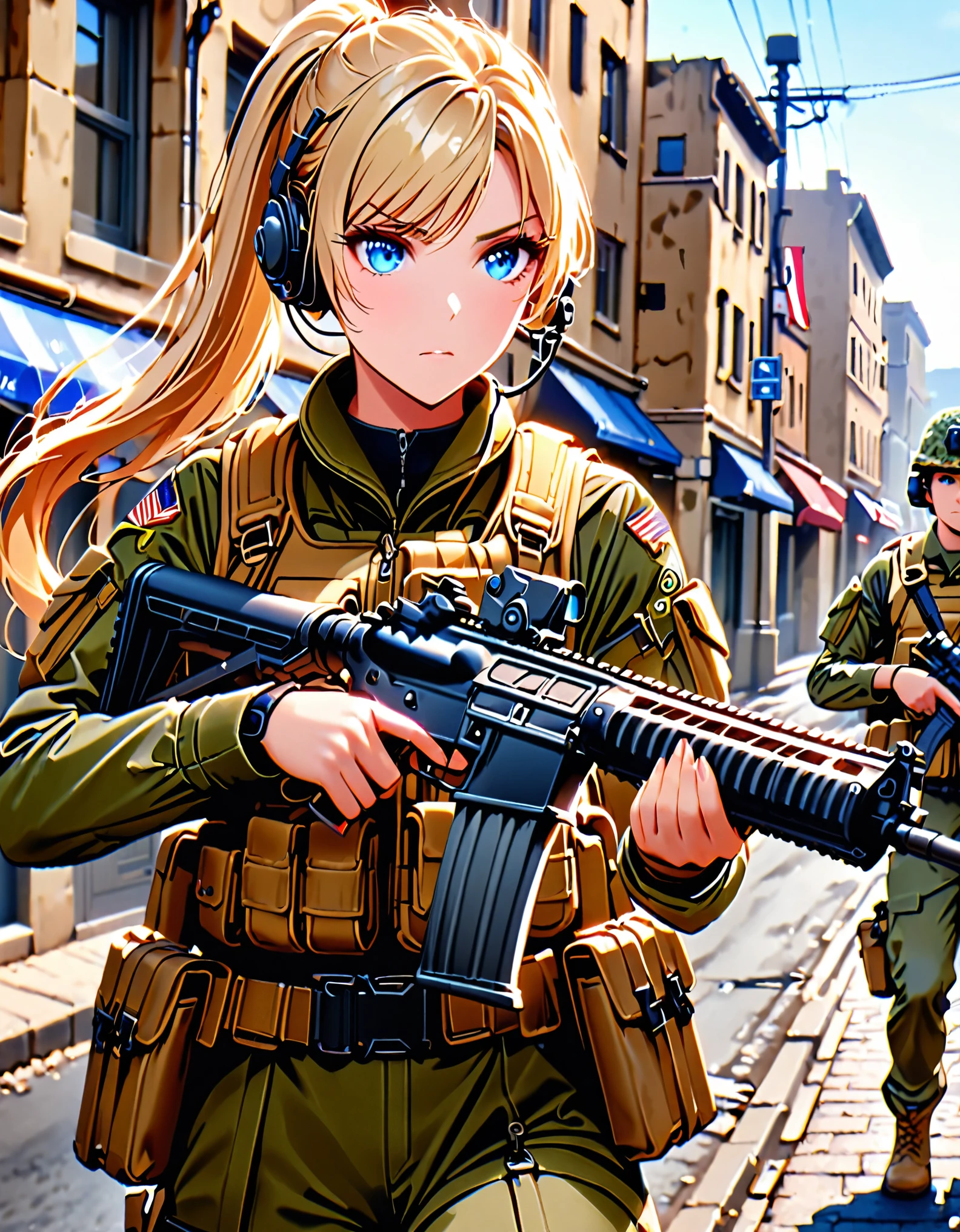 best quality, masterpiece, highres, solo, solo focus, 1lady. blonde hair, long hair, ponytail, blue eyes, beautiful detailed eyes, beautiful detailed face. concerned look, us soldier, olive green uniform, combat boots, assault vest, radio headset, holding an assault rifle. town street backdrop, daytime.
