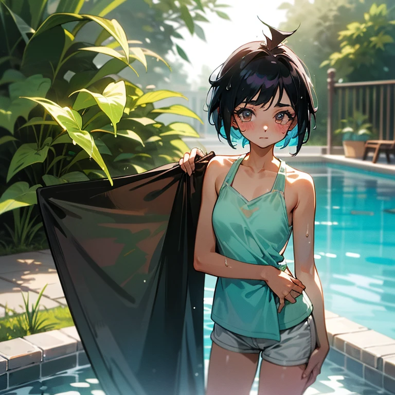 Cool girl、Boyish Girl、Sporty、tits、Sheer halter neck camisole 、Shorts、Underwear is visible、I have a towel、Wet、oil、slimy、Pixie Cut、black hair color
、high school girl、Gal、Dark brown skin、garden、Pool、tall、Slender beauty、Curved waist、Beautiful clavicle、