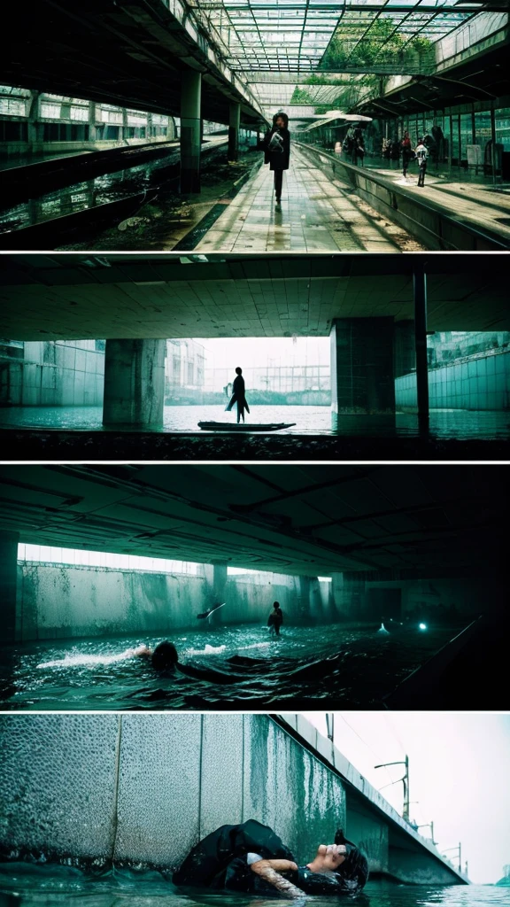 In the water,subway,moss,Showa,Collapse,Devastation,Inside the ruins,Glasses,Women,adventure,Black and White,