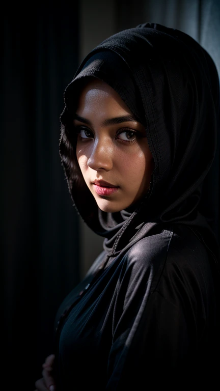a gorgeous hijab girl in the dark scene, backlit hair, low key, dimly lit, in the dark, deep shadow, cold light, back light lamp, best quality, detailed detail, masterpiece