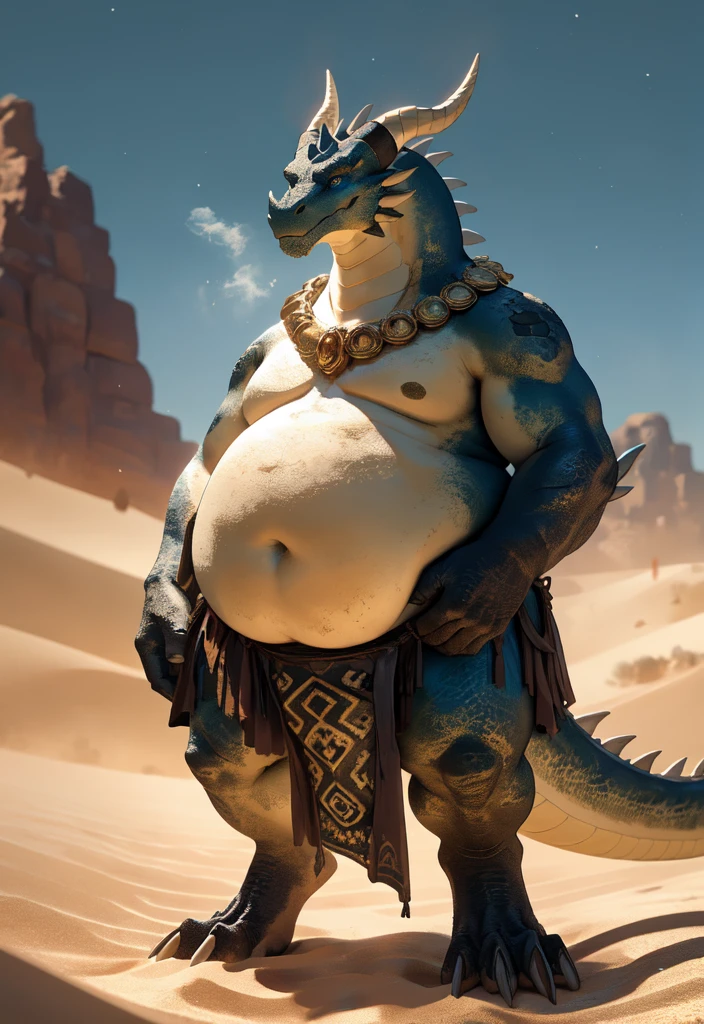 highres, furry, anthro, dragon, black and gold scales, blue eyes, horns, ((hyper-obese, unimaginably obese, detailed fat folds)), tail, sun, desert background, standing on a sand dune, sandstorm, cacti, skulls, dust, heat, solo, 1 boy, masterpiece, best quality, extremely detailed, expressive, dramatic light, epic setting, very detailed, light against darkness, photography, realistic, erotic, cinema lighting, intricate body detail, depth of field, bokeh, (digitigrade), wingless, loincloth, (white belly), (fat fetish)