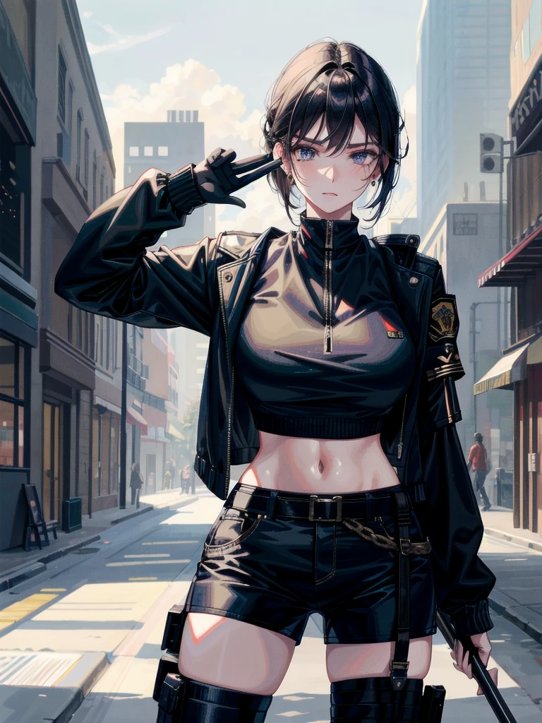 big katana, Black military uniform, Ladies' military vests, whole body, absurdres, RAW photo, extremely delicate and beautiful, masterpiece, Best Quality, ultra high resolution, 32k, hyperrealistic, ultra-detailed, tearful mole, earring, short medium hair, wavy hair, urban backdrop, shorts, midriff,