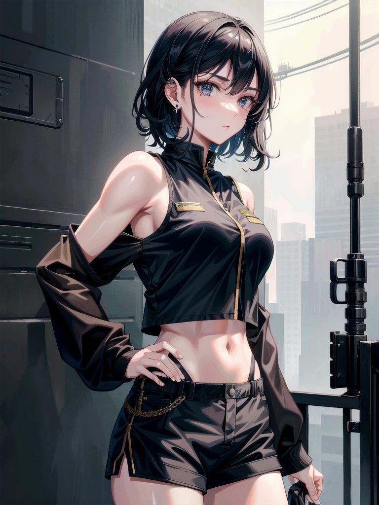 big katana, Black military uniform, Ladies' military vests, whole body, absurdres, RAW photo, extremely delicate and beautiful, masterpiece, Best Quality, ultra high resolution, 32k, hyperrealistic, ultra-detailed, tearful mole, earring, short medium hair, wavy hair, urban backdrop, shorts, midriff, 