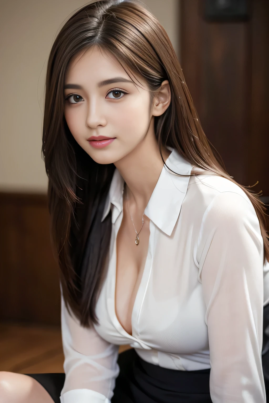 (RAW Photos), (Realistic), (masterpiece), (highest quality), High resolution, 8k, (Intricate details), (Volumetric Light), Portraiture, woman, Age 25, Medium Hair, Straight hair, Layered Hair, Brown Hair, Very beautiful eyes, Source order, Very thin eyebrows, Very fine skin, Very beautiful mouth, Very nice nose, Cute like an idol, Cleavage、smile, (Thick lips), (Looking at the audience), (Collared dress shirt), Above the knee shot,Slim figure、