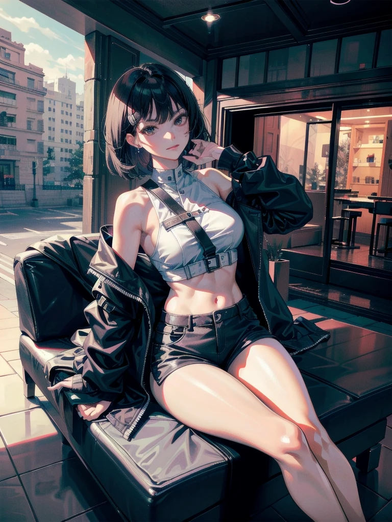 big katana, Black military uniform, Ladies' military vests, whole body, absurdres, RAW photo, extremely delicate and beautiful, masterpiece, Best Quality, ultra high resolution, 32k, hyperrealistic, ultra-detailed, tearful mole, earring, short medium hair, wavy hair, urban backdrop, shorts, midriff,