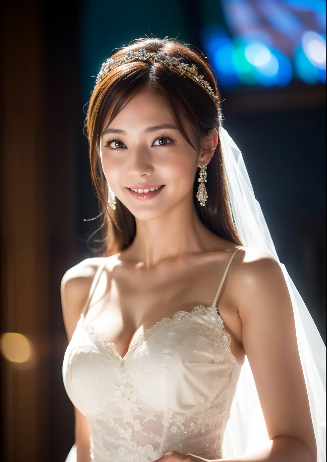 Beautiful 25 year old  woman。She is wearing a summer wedding dress. She is smiling on illuminated by the evening church lights . romantic sunset. her dark brown hair. High resolution、masterpiece、highest quality、頭w:1.0、((Hasselblad Photos))、fine skin、(movie lighting)、clavicle . full body picture.