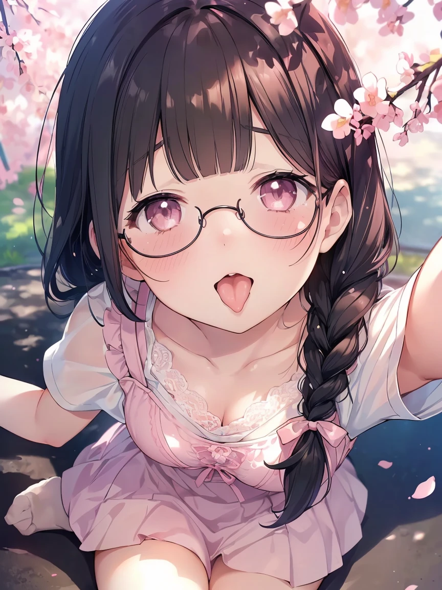 Very detailed, highest quality, High resolution, Moe Anime, ((A cute  with black hair and droopy eyes)), ((Wearing large round glasses:1.4)), (Baby Face), Cute eyes, eye depiction, Sparkle in the eyes, View your viewers, Pale skin, (Big eyes:1.4, Droopy eyes:1.4, Fatty face:1.4), smile, Focus on the face, In the park with cherry blossoms falling, Sitting, (Extreme close up of tongue), (((From above))), Open your mouth, (((Face only:1.3))), ((Pink lace lingerie)), Bright Eyes, Light from the front, (Spread your arms towards us:1.4), large and long tongue, Cleavage, Braided hairstyle, Pink ribbon