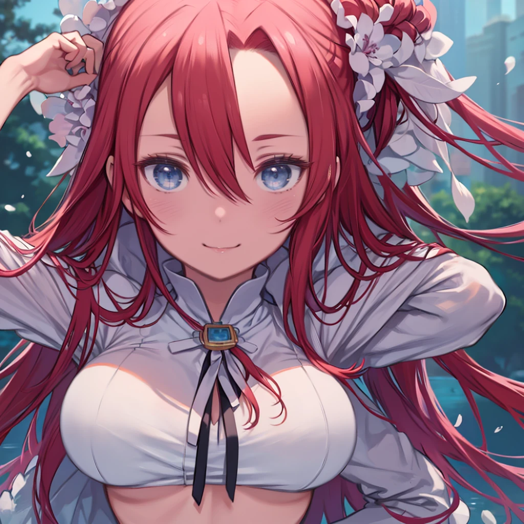masterpiece、highest quality、High resolution、Very detailed、Close-up、Focus on the face、Beautiful eyeedium wide shot、Mature Woman、(aty, long hair, blue eyes, red hair, Hair between the eyes、Big Breasts)、Hands behind head、Put your hands on your hips、bikini、Wave Splash、grace、Smiling、