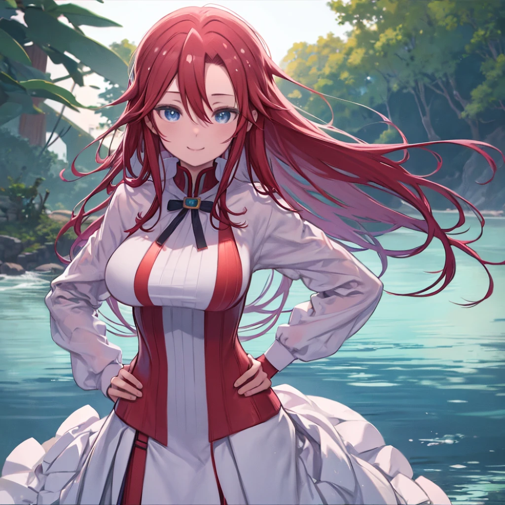 masterpiece、highest quality、High resolution、Very detailed、Close-up、Focus on the face、Beautiful eyeedium wide shot、Mature Woman、(aty, long hair, blue eyes, red hair, Hair between the eyes、Big Breasts)、Hands behind head、Put your hands on your hips、bikini、Wave Splash、grace、Smiling、