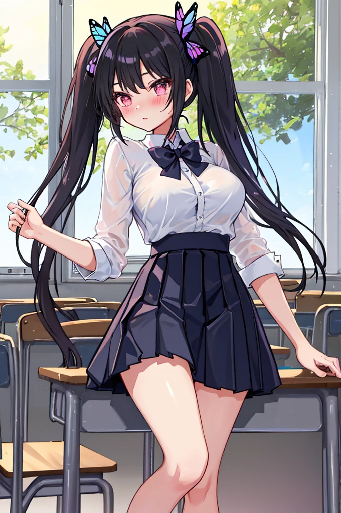 A girl,twintails,Long hair,Black Hair,((transparent)),shirt,Towering breasts,Slim waist,Showing belly,Pleated Skirt,Smooth legs,blush,classroom,Butterfly Hair Accessories,