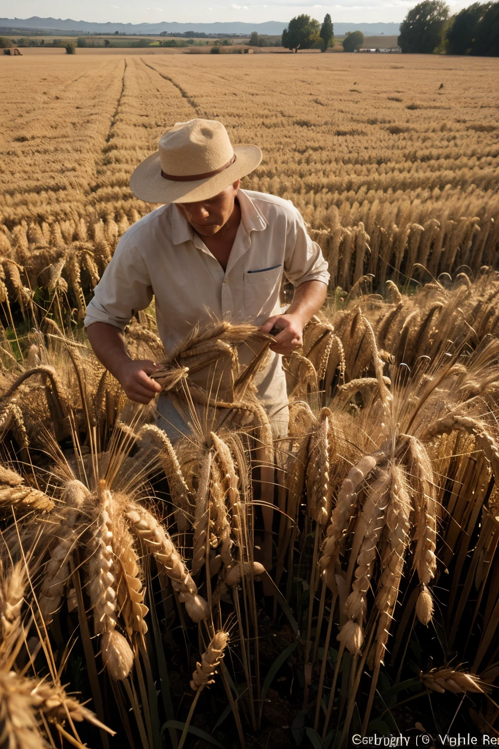 Wheat and flour field. Farmer working in fields. Flour and golden wheats
