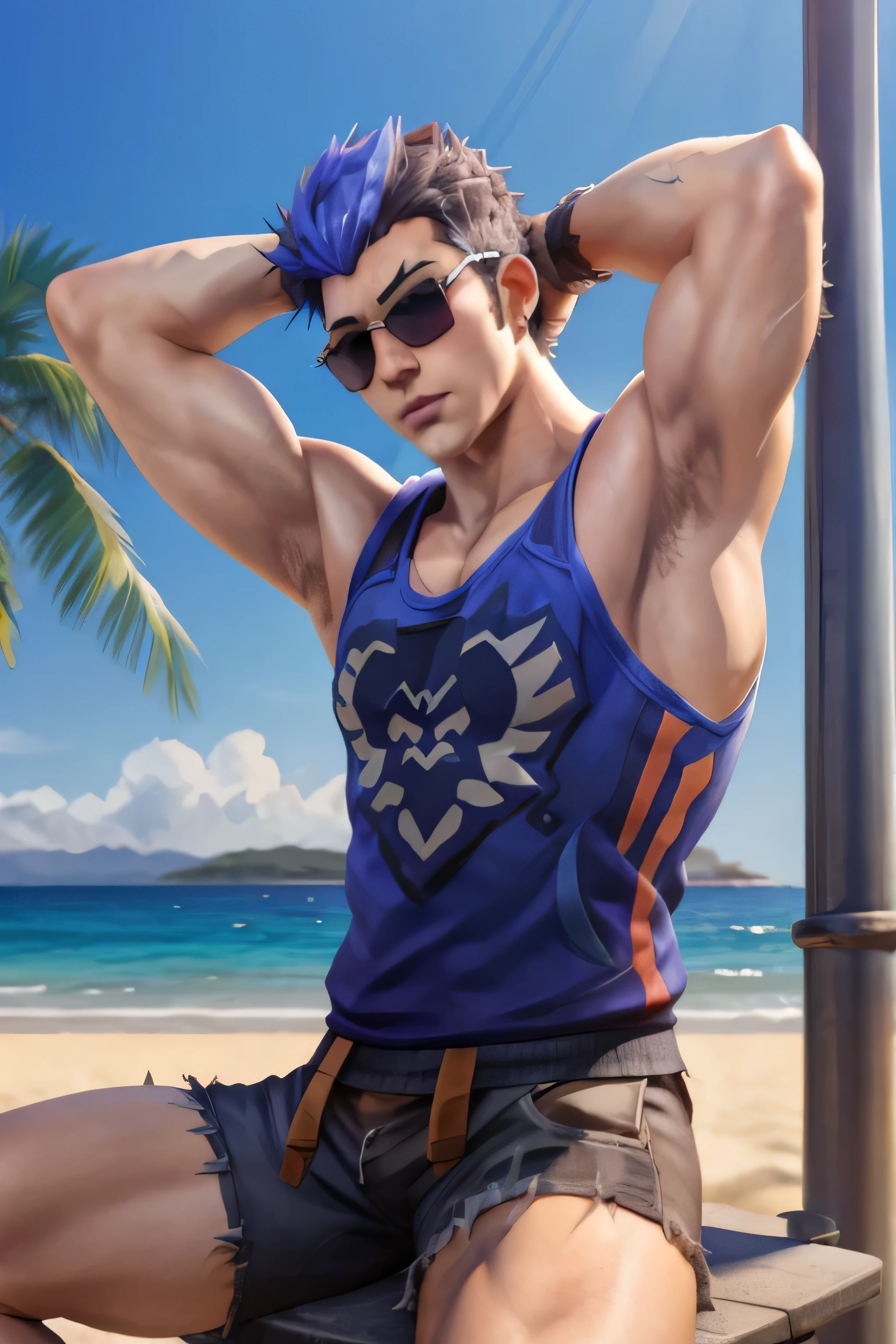 yoru valorant, spiky hair, tank top, white shorts, wearing sunglasses, beach background, sitting, hands behind head, thick armpit hair