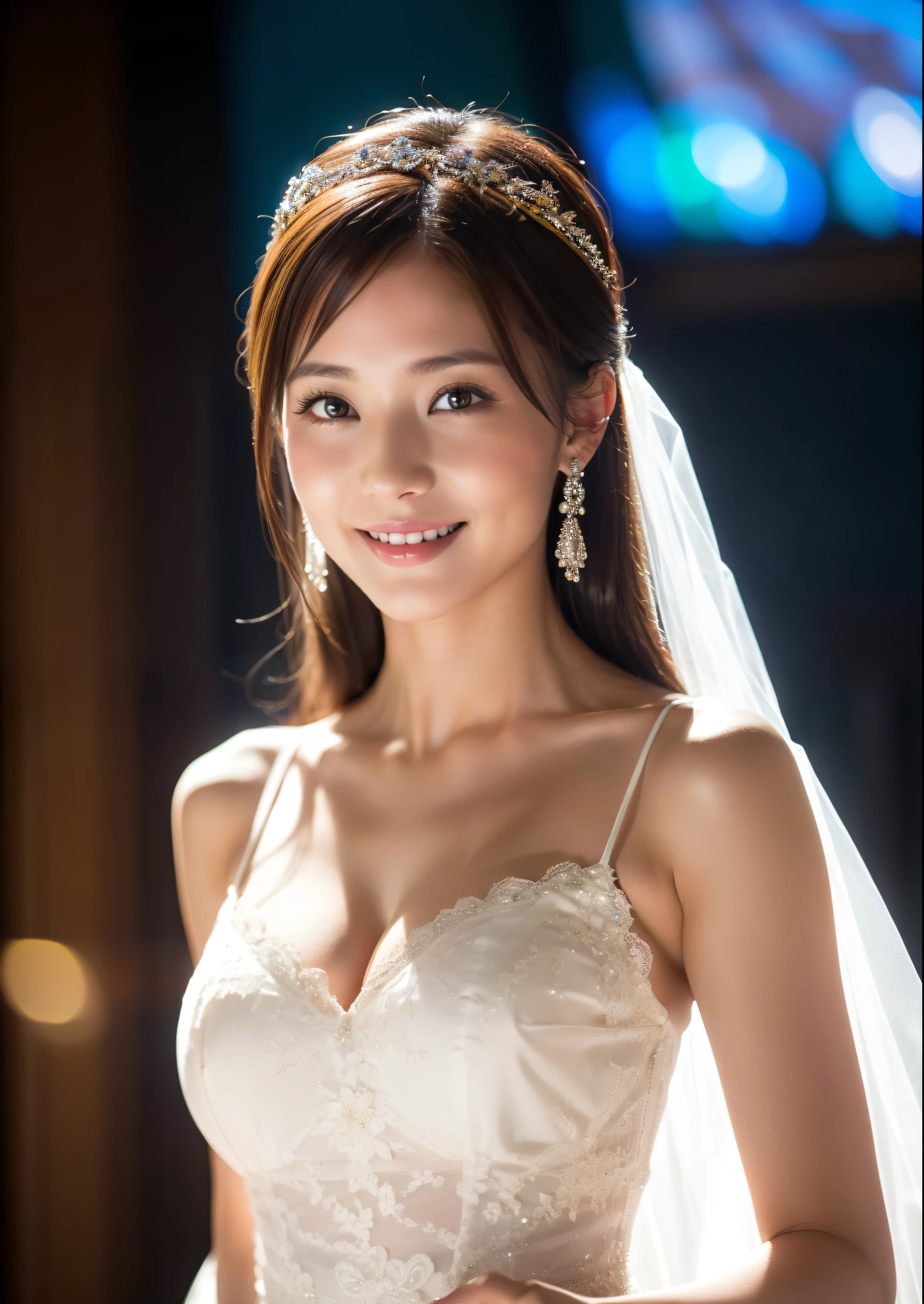 Beautiful 25 year old woman。She is wearing a summer wedding dress. She is smiling on illuminated by the evening church lights . romantic sunset. her dark brown hair. High resolution、masterpiece、highest quality、頭w:1.0、((Hasselblad Photos))、fine skin、(movie lighting)、clavicle . full body picture.