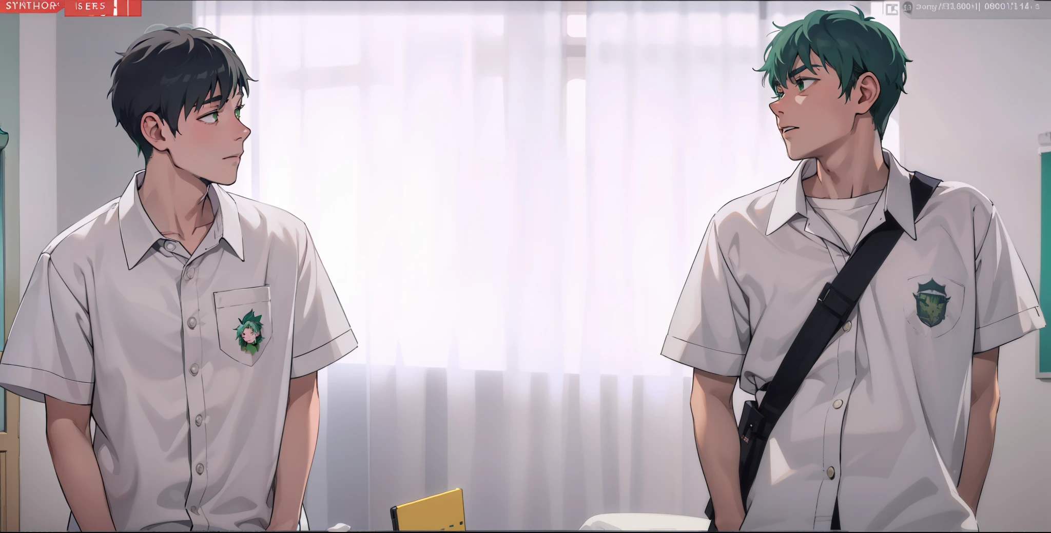 There are two boys at school, they are 17 years old, one has gray hair and the other has green hair, they are somewhat sad, they are talking.