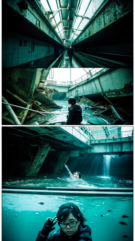 In the water,subway,moss,Showa,Collapse,Devastation,Inside the ruins,Glasses,Women,adventure,Black and White,