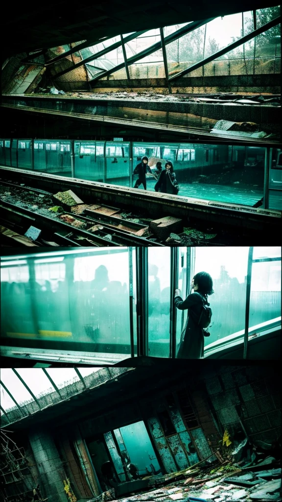 In the water,subway,moss,Showa,Collapse,Devastation,Inside the ruins,Glasses,Women,adventure,Black and White,