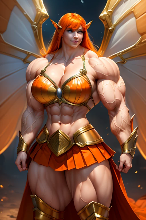 (((((Massive, tall, beautiful, buff, muscular pale white skinned female Amazon warrior with orange hair, ginormous bulky muscles, huge wings and wearing an all orange gleaming amazon armor and pleated skirt))))), (close view), black eyeliner, massive muscles, massive biceps, hyper muscle triceps, (long shaggy hair), green eyes, amazon boots, In the Amazon, huge wings, armor breastplate, nighttime, confident smile, (hyper muscles arms), hyper muscle legs, (ginormous arms),