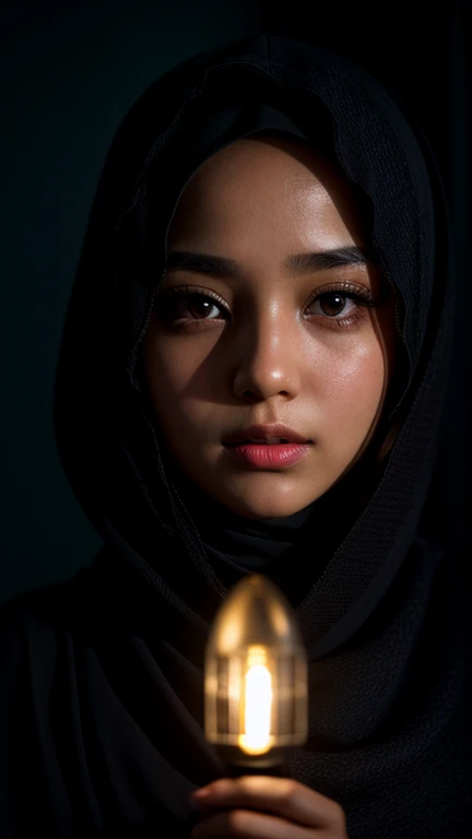 a gorgeous hijab girl in the dark scene, backlit hair, low key, dimly lit, in the dark, deep shadow, cold light, back light lamp, best quality, detailed detail, masterpiece