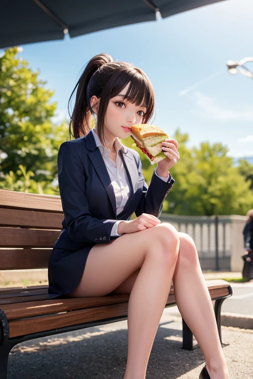 ponytail, blazer, Young woman sitting on a bench and eating a sandwich