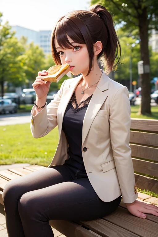 ponytail, blazer, Young woman sitting on a bench and eating a sandwich