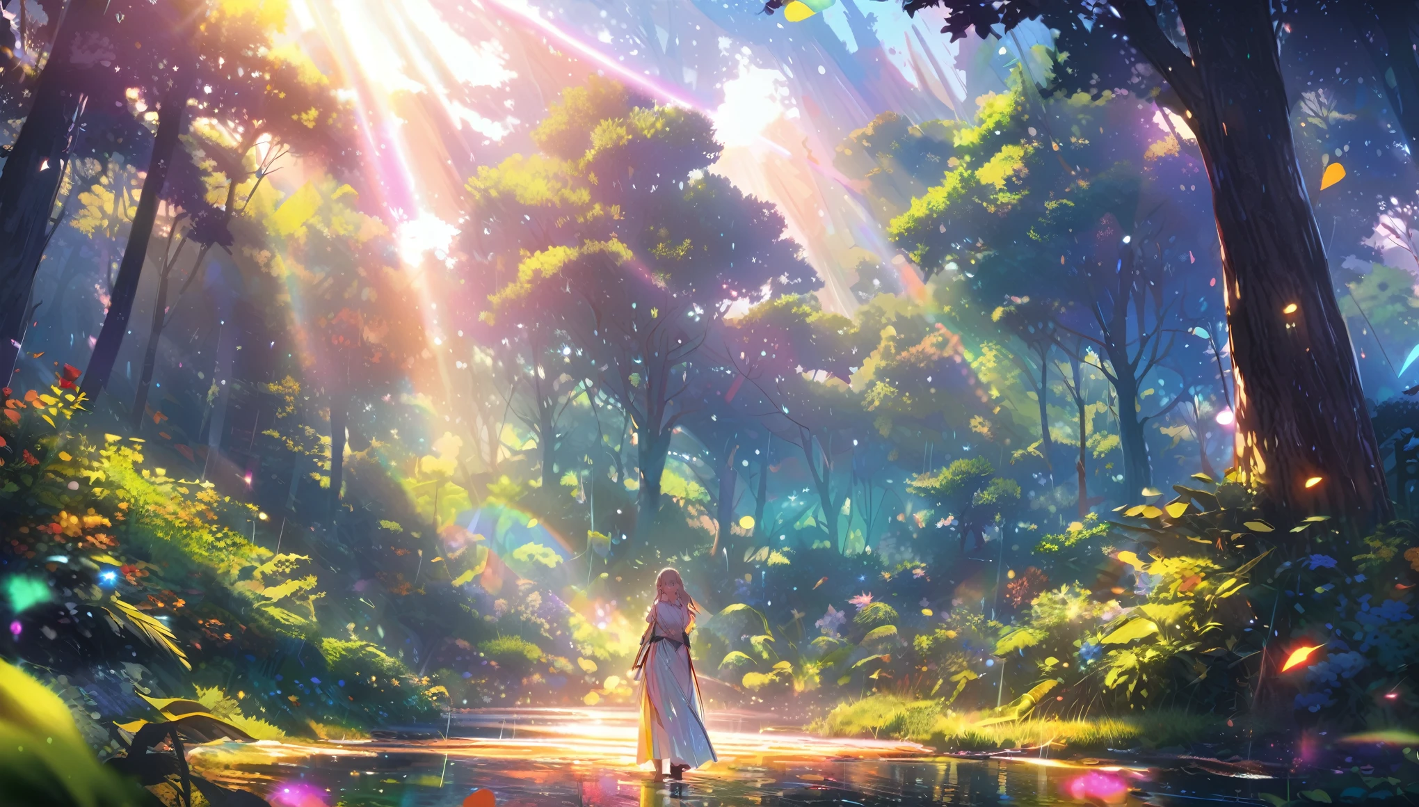 Angelic, detailed woman, noon, forest, after the rain, beam of light, colorful, high-res, 8K