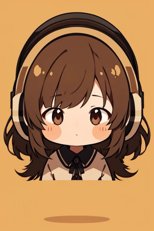 A girl, brown hair, brown eyes, big and bright, headphones, cute, slightly blushing, black blouse
