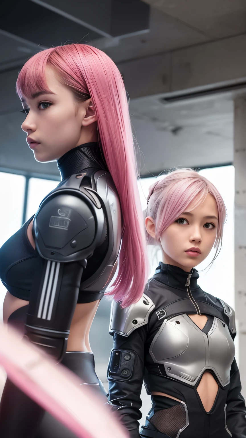 high quality, ​realistic masterpiece, two close friends, Beautiful tween girls, small skinny girls, cute girl face, cyberpunk, Wearing futuristic robotic tactical shear armor cyberpunk suit with cutouts showing body, skinny athletic body showing legs, innocent, playful, Famous actresses of Japan, very beautiful face, pink hair