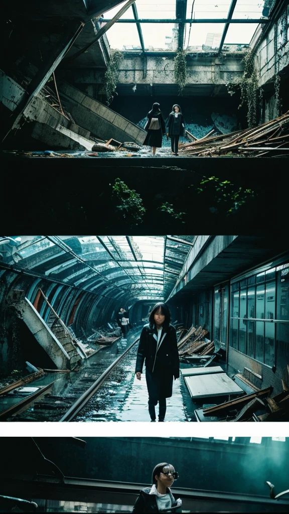 In the water,subway,moss,Showa,Collapse,Devastation,Inside the ruins,Glasses,Women,adventure,Black and White,