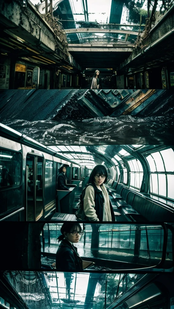 In the water,subway,moss,Showa,Collapse,Devastation,Inside the ruins,Glasses,Women,adventure,Black and White,