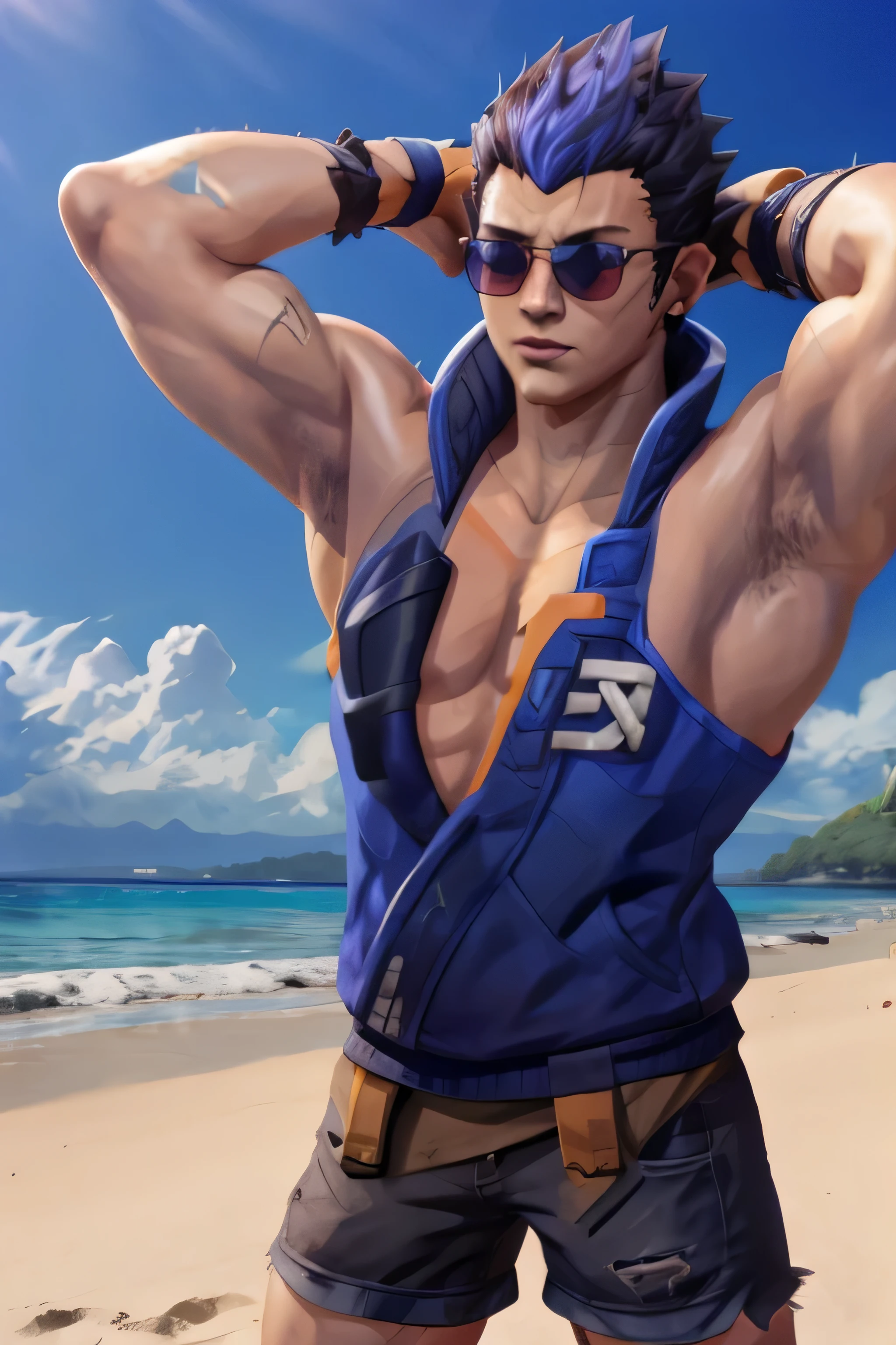 yoru valorant, spiky hair, tank top, white shorts, wearing sunglasses, beach background, hands behind head, thick armpit hair