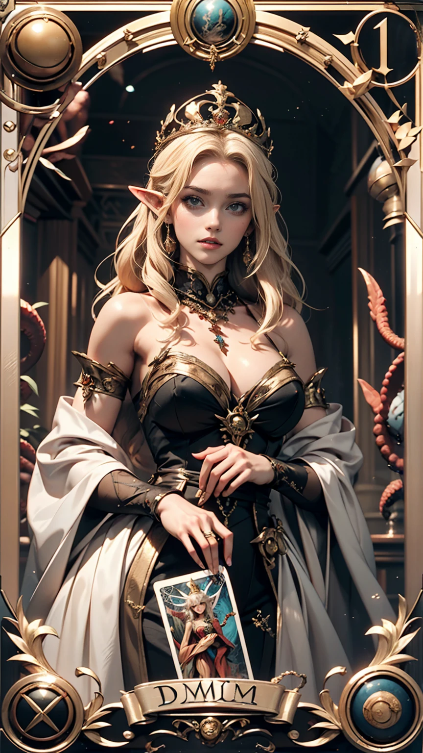 Symmetrical tarot card concept art、Dunham (Very provocative)+ Elven Queen Costume, Lovecraftian Madness Theme, Lee Bersten, Tarot 512, 8k, Attention to detail, Complex