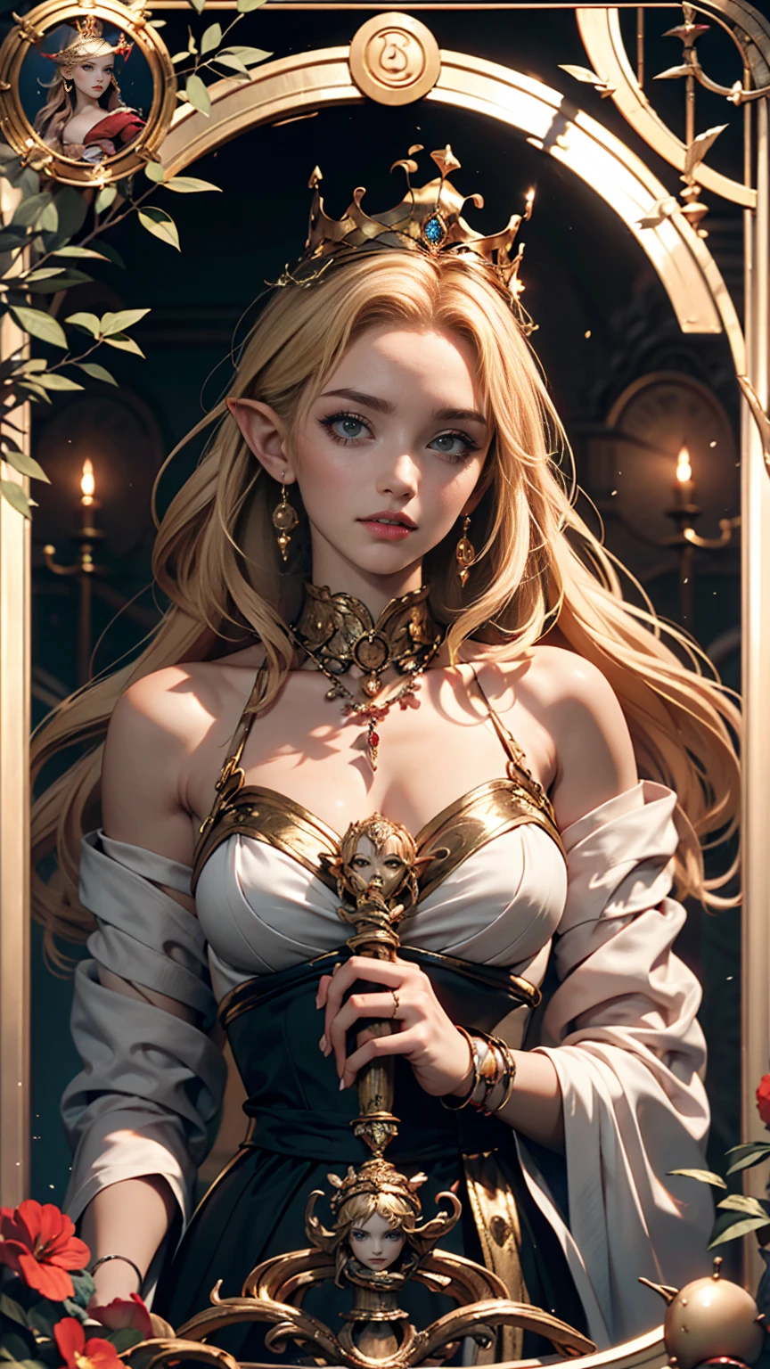 Symmetrical tarot card concept art、Dunham (Very provocative)+ Elven Queen Costume, Lovecraftian Madness Theme, Lee Bersten, Tarot 512, 8k, Attention to detail, Complex