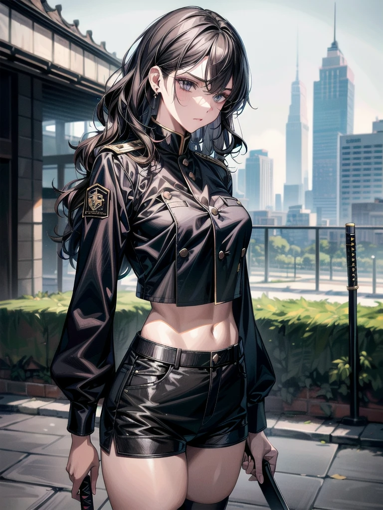 (big katana), Black military uniform, Ladies' military vests, whole body, absurdres, RAW photo, extremely delicate and beautiful, masterpiece, Best Quality, ultra high resolution, 32k, hyperrealistic, ultra-detailed, tearful mole, earring, short medium hair, wavy hair, urban backdrop, shorts, midriff,