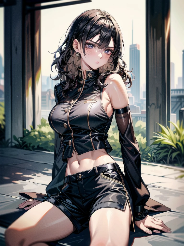 (big katana), Black military uniform, Ladies' military vests, whole body, absurdres, RAW photo, extremely delicate and beautiful, masterpiece, Best Quality, ultra high resolution, 32k, hyperrealistic, ultra-detailed, tearful mole, earring, short medium hair, wavy hair, urban backdrop, shorts, midriff, 