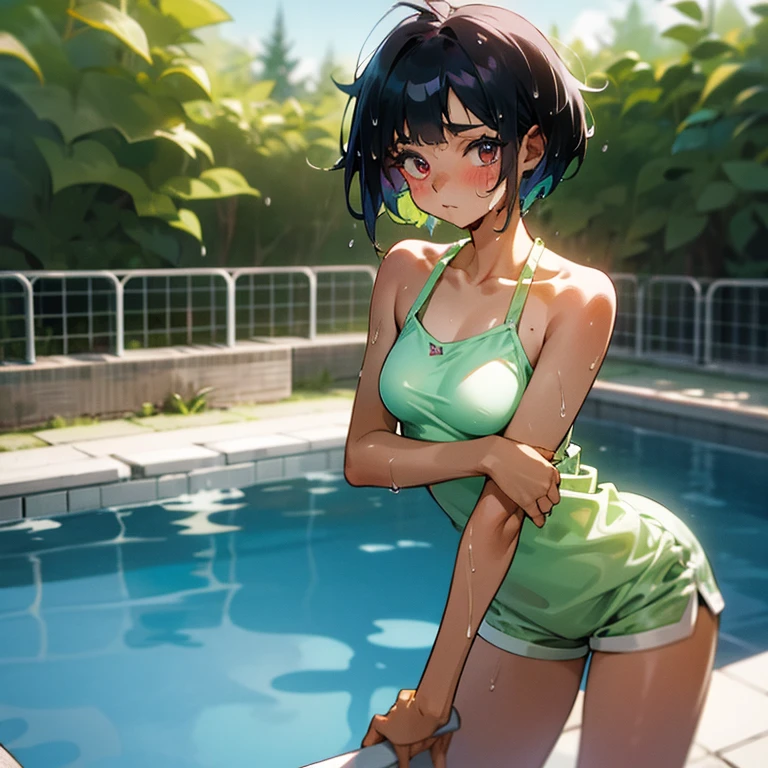 Cool girl、Boyish Girl、Sporty、tits、Wet and transparent、halter neck camisole snd Underwear is visible、I have a towel、Wet、oil、slimy、Pixie Cut、black hair color、Shorts、
、high school girl、Gal、Dark brown skin、garden、Pool、tall、Slender beauty、Curved waist、Beautiful clavicle、