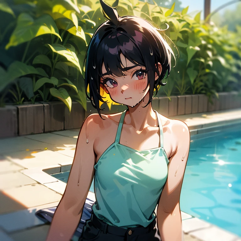 Cool girl、Boyish Girl、Sporty、tits、Wet and transparent、halter neck camisole snd Underwear is visible、I have a towel、Wet、oil、slimy、Pixie Cut、black hair color、Shorts、
、high school girl、Gal、Dark brown skin、garden、Pool、tall、Slender beauty、Curved waist、Beautiful clavicle、