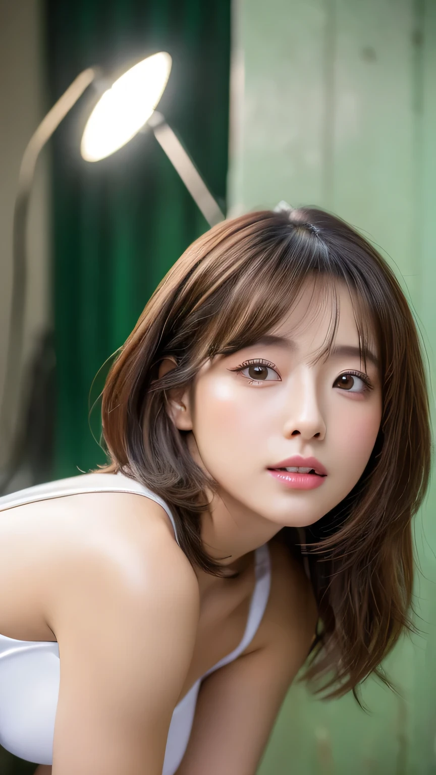 (masterpiece:1.3), (8k, Realistic, RAW Photos, Best image quality: 1.4), Very cute idols of Japan、(Random hair length:1.2)、Pechankona breasts、Very small breasts:1.4、Highly detailed face、Attention to detail、double eyelid、Sharp focus:1.2、Beautiful woman:1.4、Light brown hair、highest quality、The best masterpiece、超A high resolution、(Realistic:1.4)、Very detailed、Professionally lit face、Tight outfit、Natural Makeup、((Plump、whole body、Crouching、Photo studio、You can see the lighting fixture、))、Dimples、