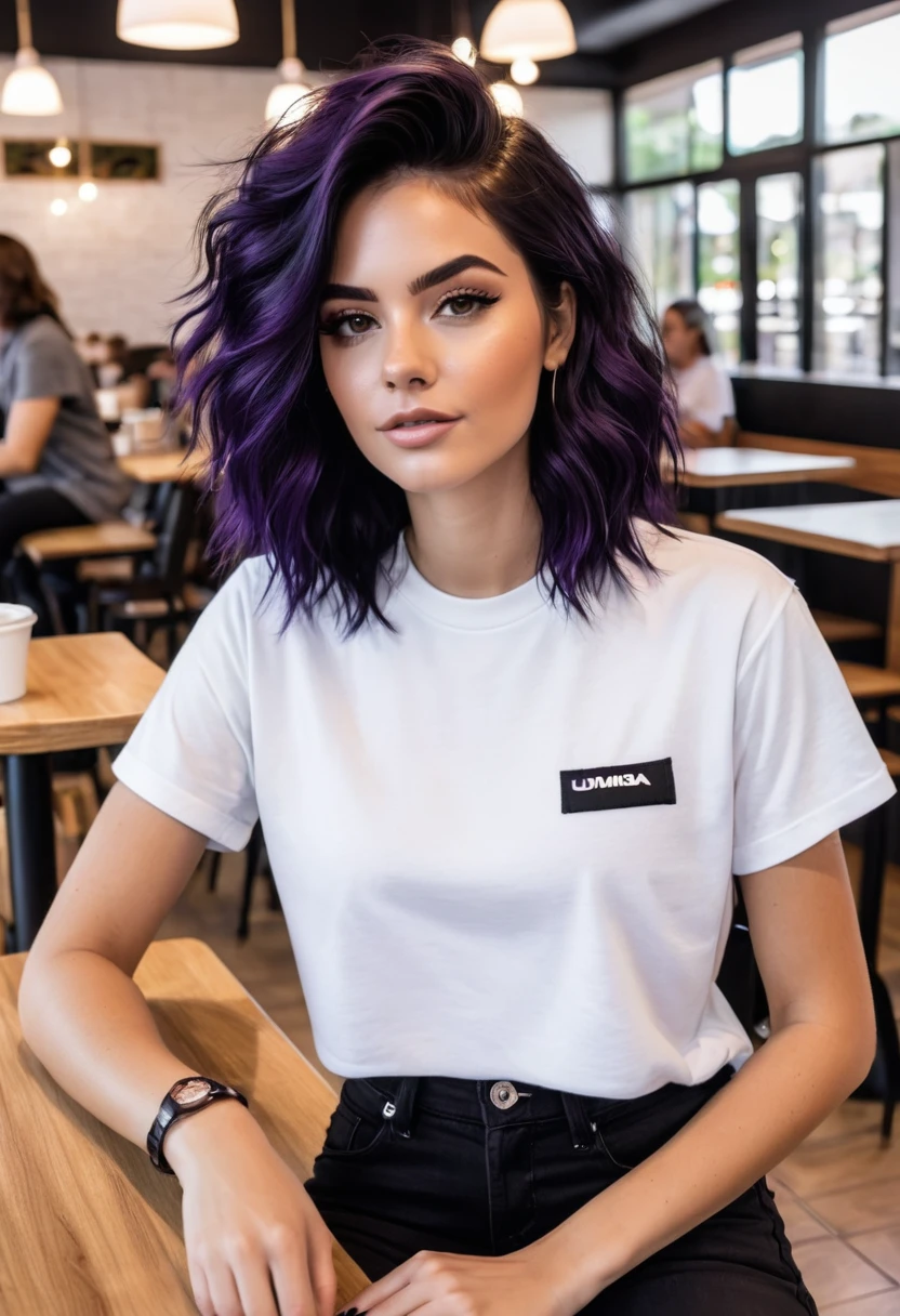 criar imagem de uma mulher de cabelo curto, cabelo preto, He is wearing black jeans , uma camiseta roxa , um tenis branco , esta em uma cafeteria
