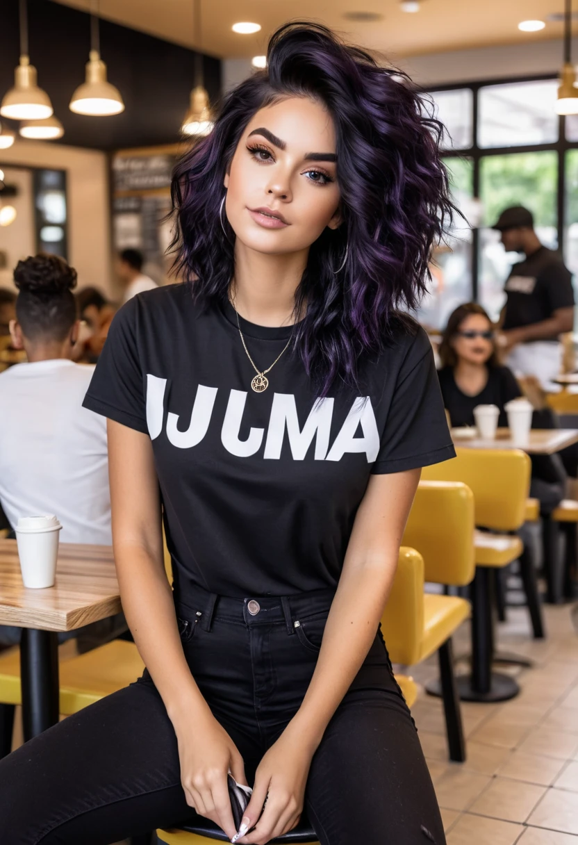 criar imagem de uma mulher de cabelo curto, cabelo preto, He is wearing black jeans , uma camiseta roxa , um tenis branco , esta em uma cafeteria