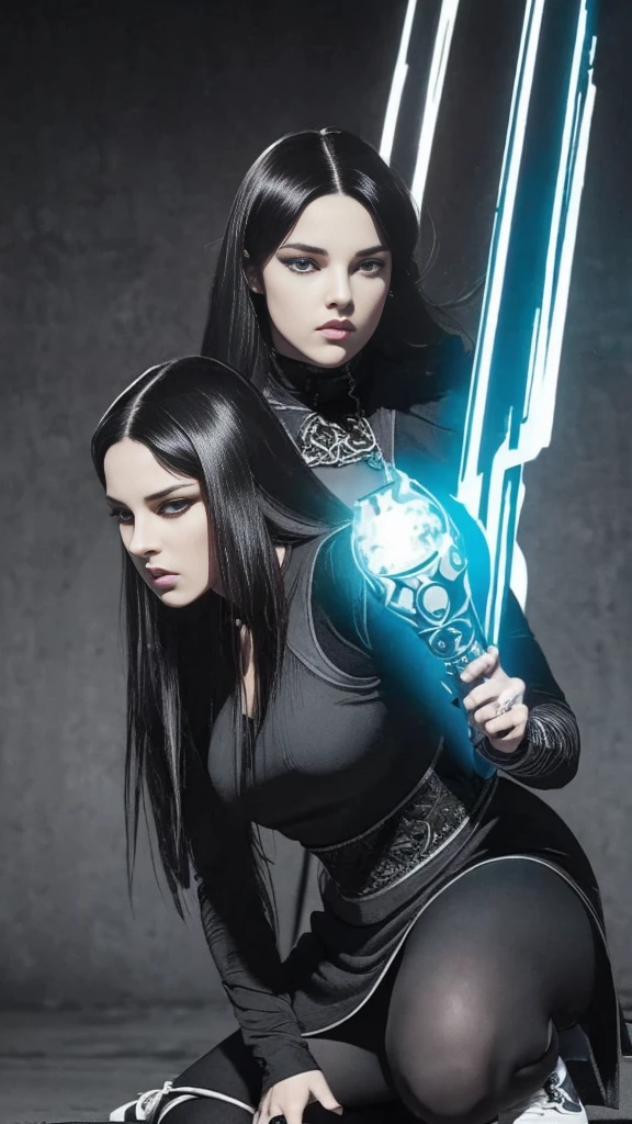 hyper realistic, 16k, best quality, masterpiece, (photorealistic:1.4), 1girl (alone), solo. Pretty young. Gothic aesthetic, black silky hair (realistic texture), turquoise-blue eyes, pele-white skin, illuminated skin, realistic shading, (modern) black gothic dress (realistic textures), big hips, tights, black sneakers, waist up, dramatic lighting, from below, front, front view, multiple different poses at different angles, glowing skin, front, back lighting, athletic figure, muscular female, curvy, wide hips, colorful, looking at viewer, Hyperrealistic, gradient background, dark background, outline, cinematic lighting, (chromatic aberration, intricate details)